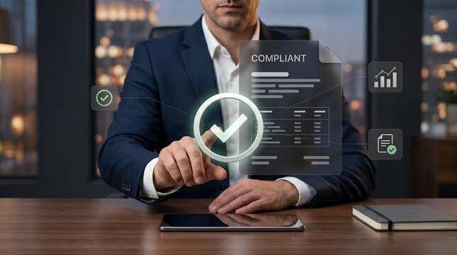 Business risk management and certified compliance standard workflow visualized through a glowing holographic interface