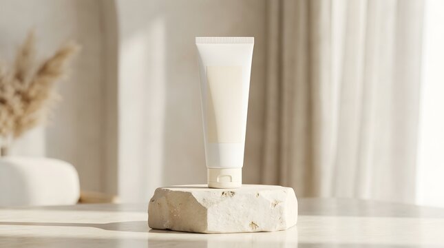 Minimalist sunscreen tube mockup on marble block with natural light and neutral decor backdrop