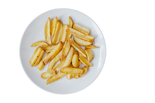 Golden fried potato wedges resting on a white plate