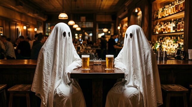 Two people dressed in white ghost costumes sitting at a bar drinking beer for a happy halloween celebration