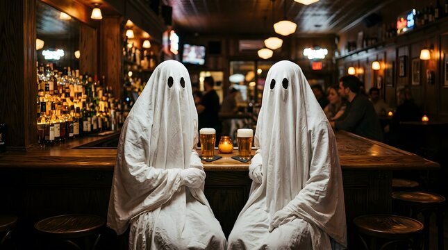 Two people dressed in white ghost costumes sitting at a bar drinking beer for a happy halloween celebration