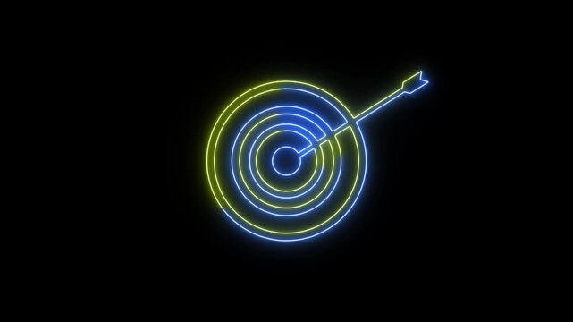 A glowing blue and yellow neon target with an arrow hitting the center on black background. Glowing neon business goals achievement target icon.