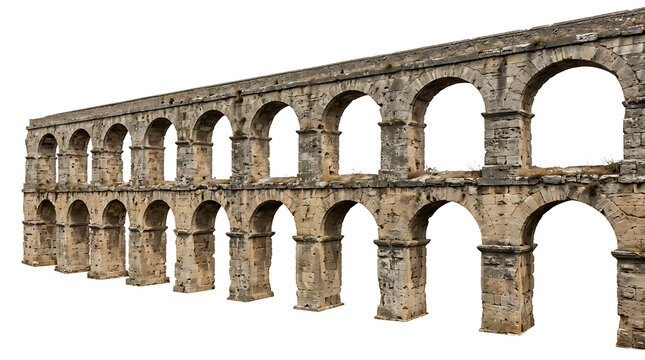 Ancient Roman aqueduct stone arches isolated on a solid white background