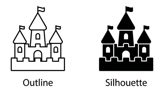 Castle Icons: A set of graphic icons featuring a castle in outline and silhouette forms, ideal for fantasy themes, historical concepts, or architectural representation.