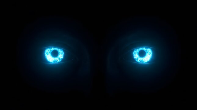 Glowing blue eyes staring from the darkness for a spooky happy halloween holiday celebration and mysterious concept