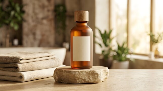 Amber glass massage oil bottle with dropper on wooden tray beside folded white towel and greenery