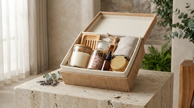 Elegant open wicker gift box with luxury spa products and natural decor mockup