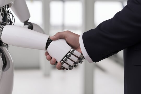 Handshake between a robot and professionals in a formal business setting