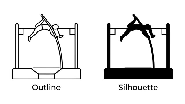 Pole Vault Outline and Silhouette: A graphic representation of the pole vault event, showcasing both a line drawing outline and a solid black silhouette of an athlete in mid-jump.