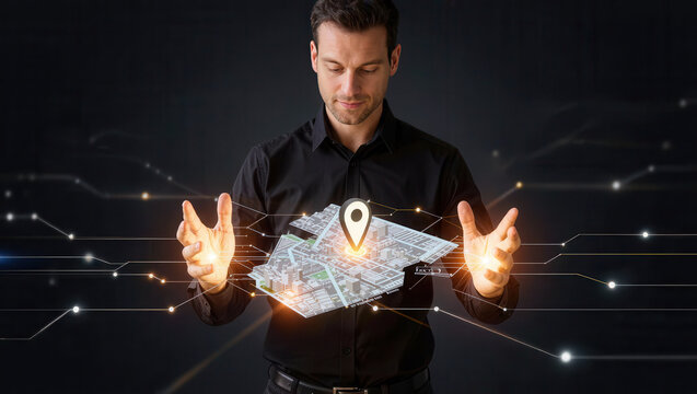 Man black shirt digital map location pin technology hand gesture urban map futuristic network virtual