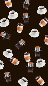 Vertical background of seamless looping animated coffee 3D render icons pattern smooth random movement