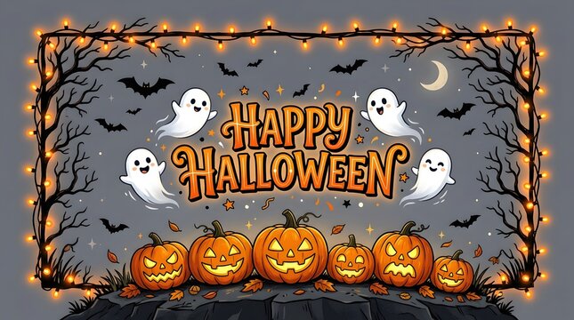 Festive happy halloween background featuring carved pumpkins and cute ghosts with glowing string lights for seasonal celebration