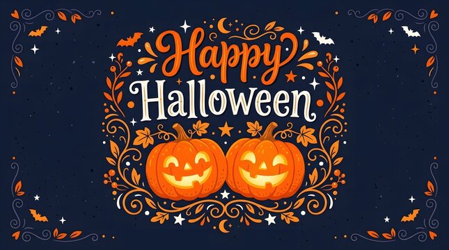 Decorative vintage style greeting card with happy halloween text and cute carved pumpkins on dark blue background