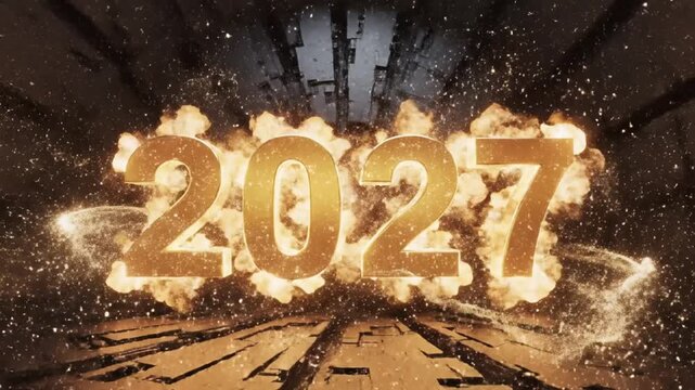 Golden 2027 text in futuristic sci fi tunnel with fire