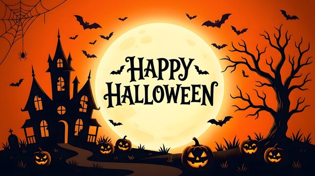 A spooky haunted house silhouette against a full moon background with the text happy halloween for holiday celebrations