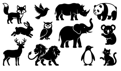 Naklejka premium Friendly Black Animal Silhouette Vector Icon Collection with Diverse Wildlife Characters for Infographics Websites Presentations and Apps