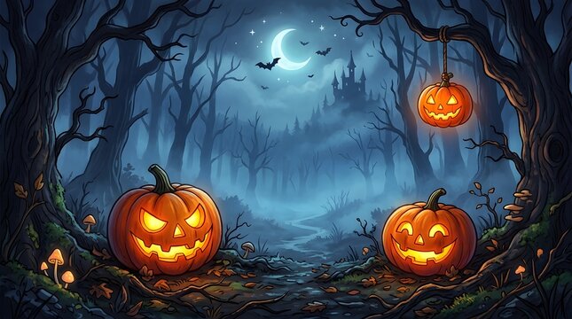 Spooky forest landscape with glowing jack o lanterns under a full moon for a happy halloween celebration background