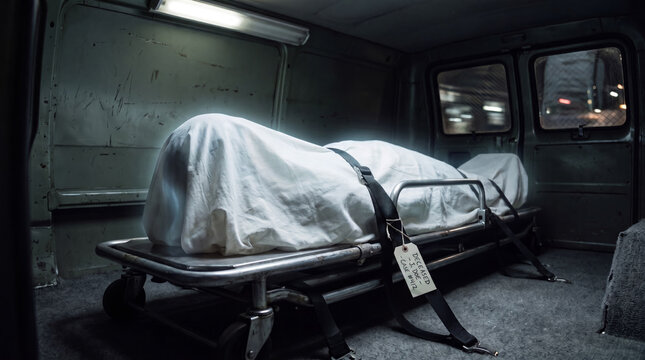 Covered body on a stretcher with a tag inside a coroner van