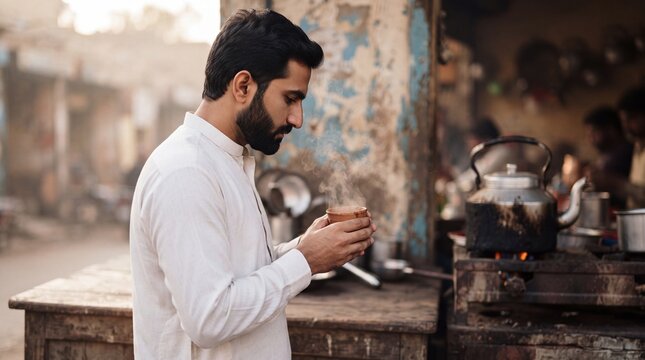 Pakistani man in white kurta drinking chai at roadside dhaba side profile lifestyle