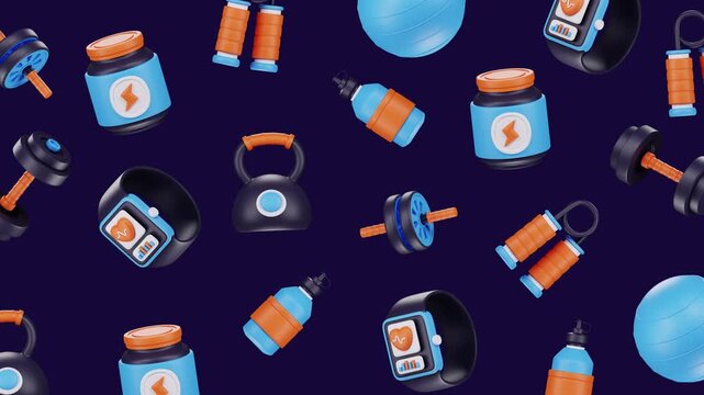 Gym and Fitness 3D icons pattern background, smooth random movement in  seamless looping animation