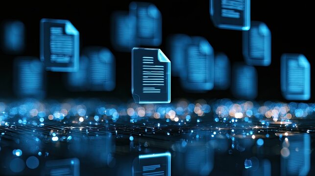 Digital documents floating through glowing data streams on dark background