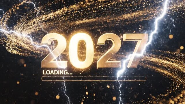 Golden 2027 year loading bar with lightning and particles