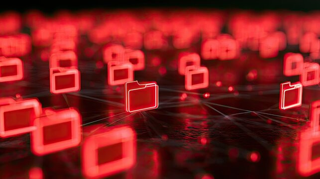 Abstract glowing red folder icons interconnected by glowing lines