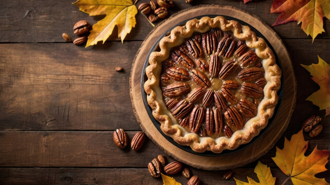 Pecan pie on rustic wooden board with autumn leaves and nuts