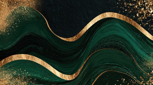 Swirling emerald and gold abstract waves with textured dark background