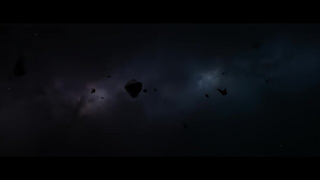 Dark outer space with floating asteroids and nebulae