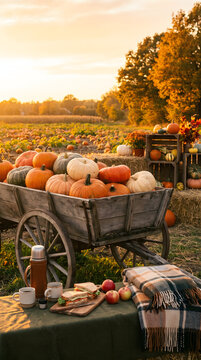 Wooden cart full of pumpkins with picnic setup, thermos, sandwiches, and blanket in a pumpkin patch field at sunset during autumn harvest