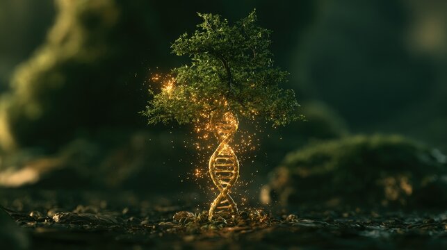 A golden DNA helix entwined with a small tree, glowing