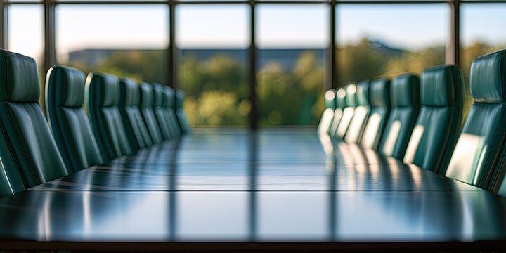 Empty conference room with a long polished table and rows of green chairs