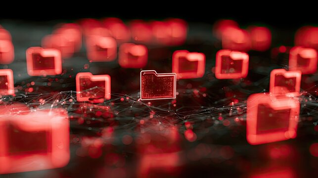 Glowing digital folders interconnected in a dark, abstract data network