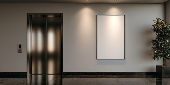 Modern elevator lobby with a blank framed picture and potted plant