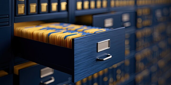 Open blue filing cabinet drawer filled with yellow folders, storage