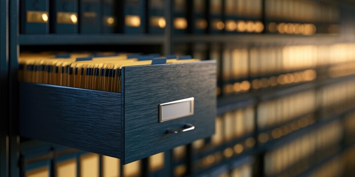 Detailed close-up of an open filing cabinet drawer filled with manila folders