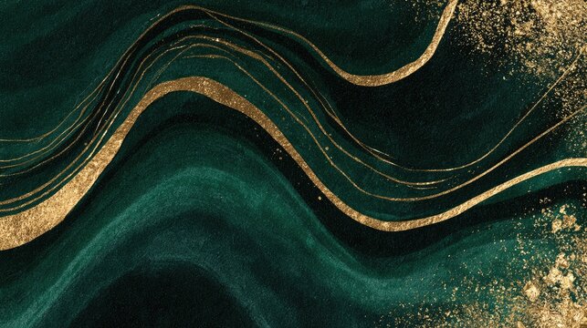 Swirling emerald green and gold abstract flowing waves with sparkling glitter