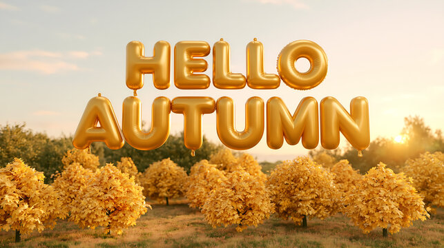 Gold balloon letters spelling hello autumn float above a scenic landscape with trees displaying beautiful yellow leaves during a bright sunset in the fall season