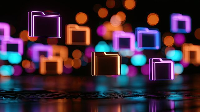 Digital folders float amidst vibrant bokeh lights, data concept