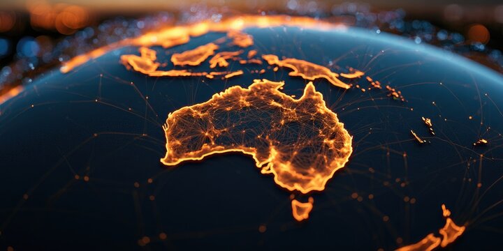 Glowing global network centered on Australia, with digital connections