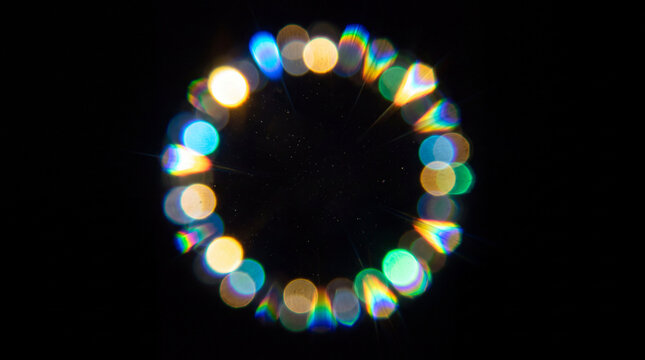 Bokeh ring of colorful glowing light spots on a black background featuring prismatic rainbow flare, soft spectral diffraction, and optics ideal for a festive overlay backdrop