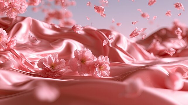 Delicate pink fabric ripples with falling cherry blossoms and petals