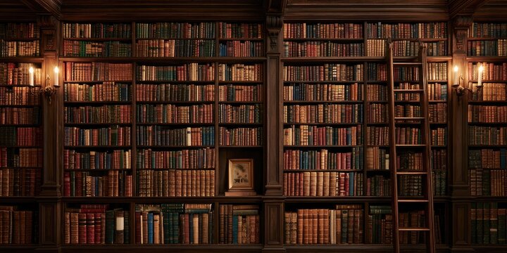 A vast, dimly lit library filled with antique books, featuring a rolling ladder