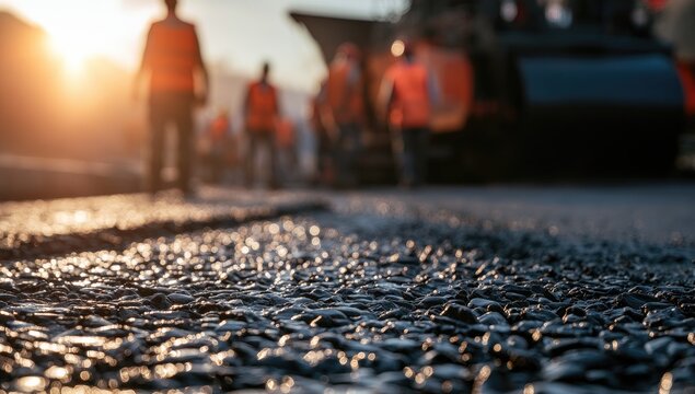 Sunlit road construction with workers and steamroller in soft focus background