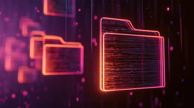 Digital folders glowing with vibrant neon lines on a dark background