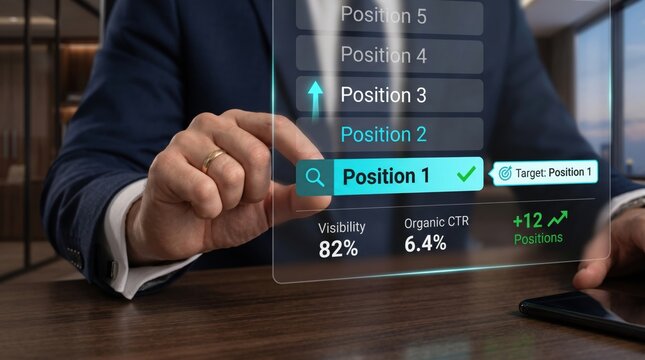 Businessman selecting position one on digital dashboard for SEO and Search Marketing success with glowing data