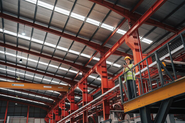 Fototapeta premium Technician Using Smartphone in Industrial Steel Manufacturing Plant
