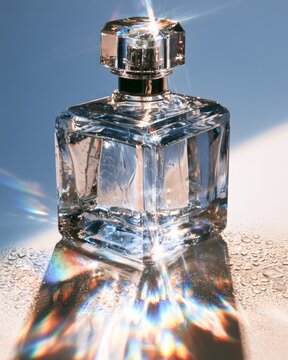 Elegant Perfume Bottle Isolated on White With Iridescent Light