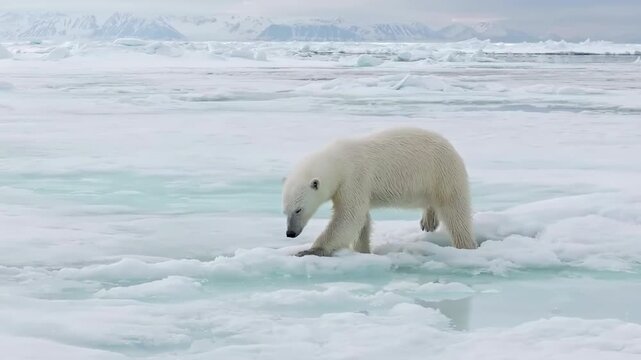 Close-up of a adult polar bear walking on the ice. Animal in danger of extinction due to climate change.